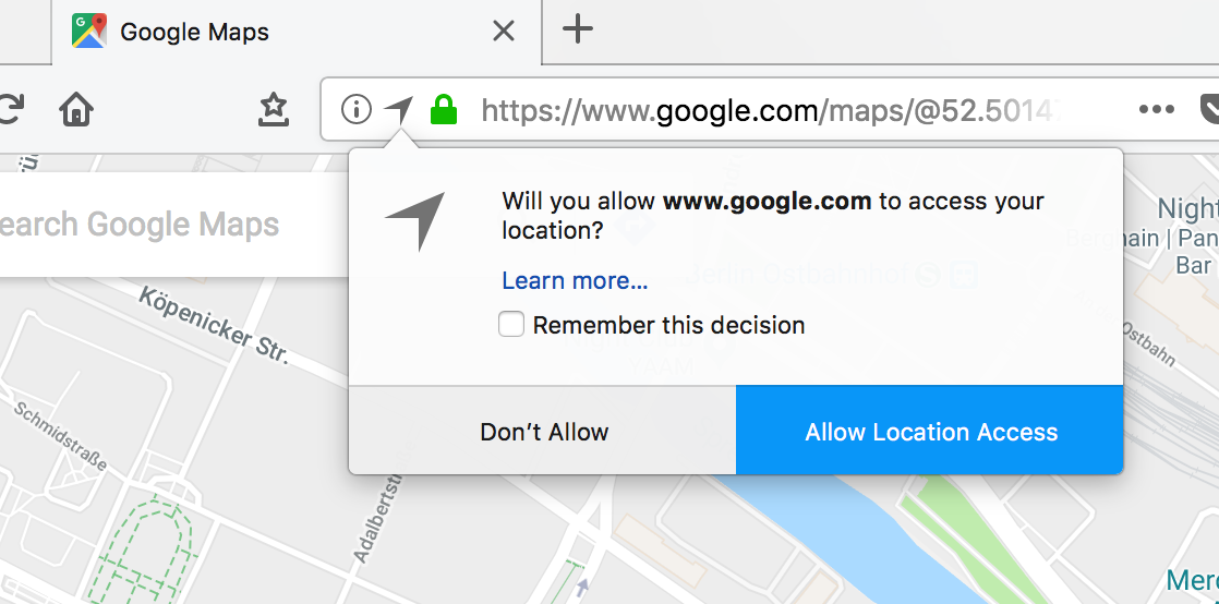 Browser requests permission to share location