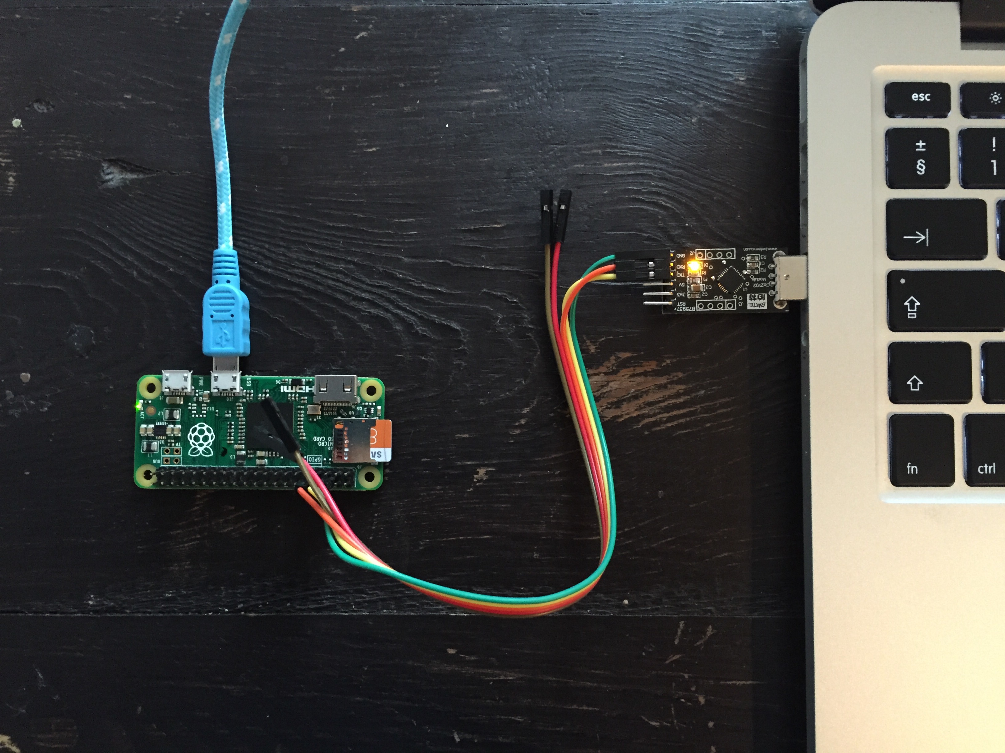USB on one side, wires for connecting to the GPIO pins on the other