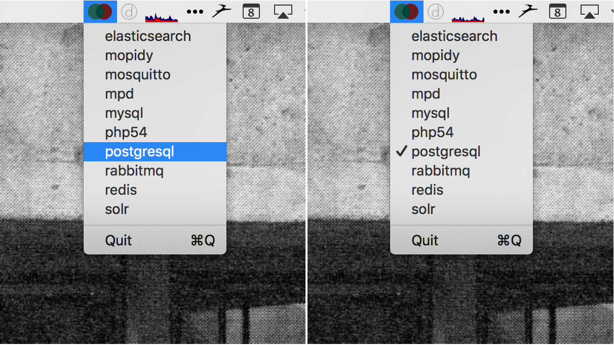 Clicking the menubar lists all services. Clicking an item will toggle from not running (no tick) to running (tick)